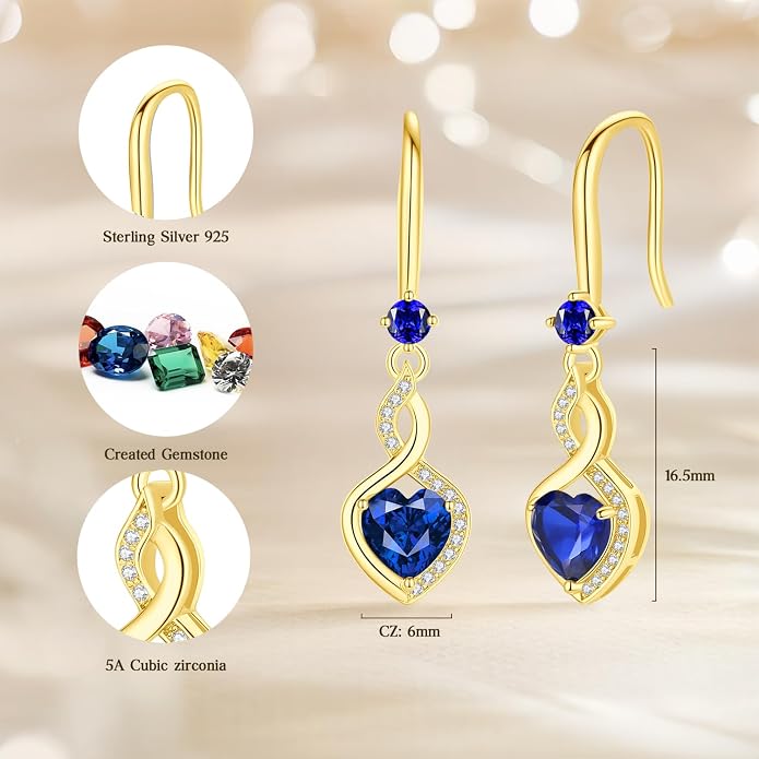 FANCIME Heart Infinity Dangle Drop Earrings 925 Sterling Silver Heart Gemstone Birthstone Earring