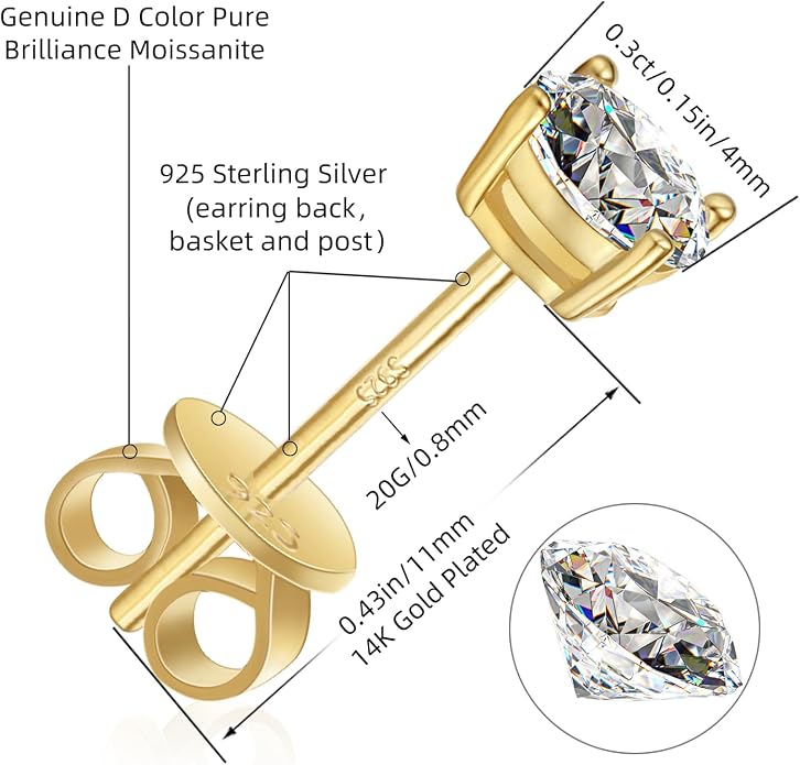 Moissanite Stud Earrings GRA 925 Sterling Silver Earrings for Men 18K White Gold Plating Earrings for Women,wedding earrings(0.3Ct-4Ct)