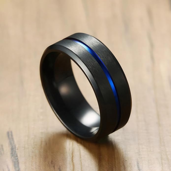 MMTTAO Men's Titanium Ring Wedding Bands for Men Women 6MM 8MM 10MM Black/Blue/Silver Engagement Band Wedding Rings Beveled Edge Brushed Matte Finished & Polished Grooved Center Comfort Fit Size 6-13