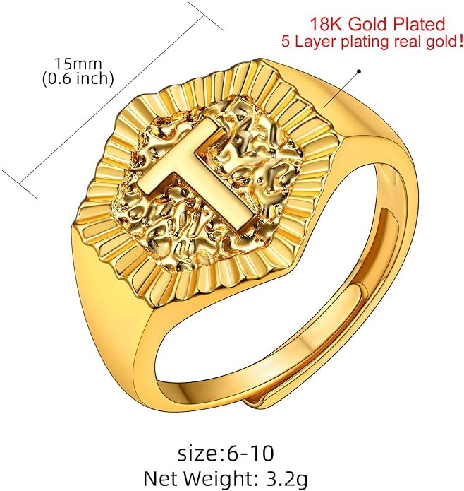 KeyStyle Bold Initial Letter Rings Adjustable, GoldChic Jewelry Women Gold Statement Ring Personalized Engraved Women’s Open Signet Ring for Party (Gold, White Gold, Black)