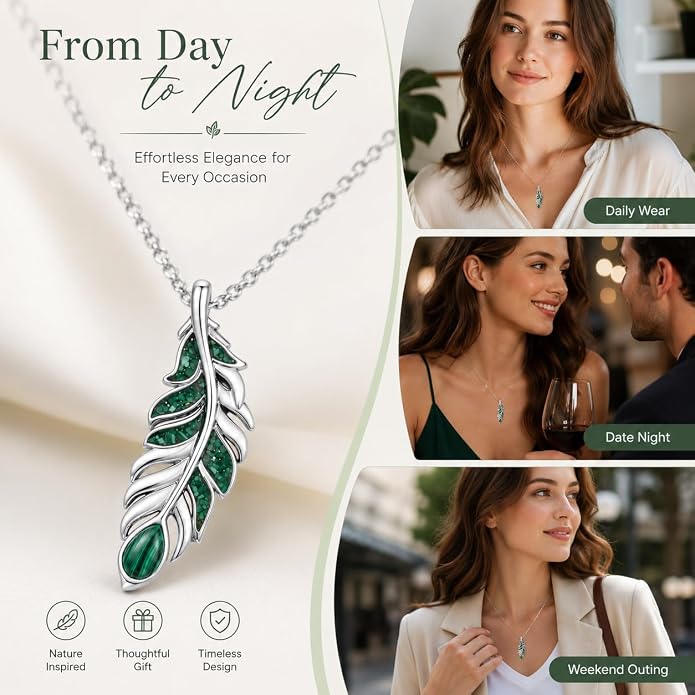Feather Necklace White Gold Boho Jewelry Nature Inspired Statement Birthstone Pendant Gifts for Women