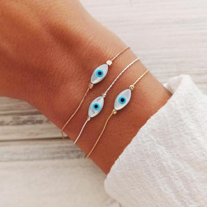 Minimalist Evil Eye Charm Bracelet – Handmade Delicate Good Luck Jewelry for Women – Adjustable 6.5” + 1” Extender