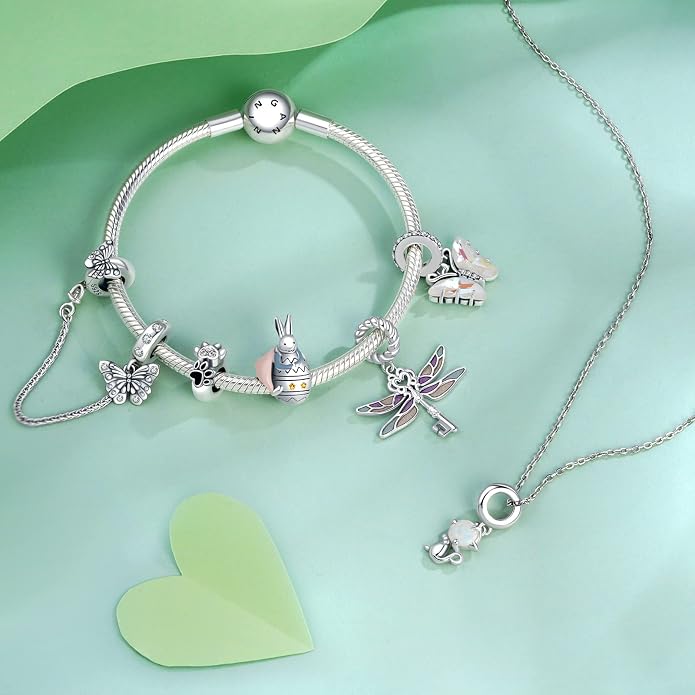 NINGAN 925 Sterling Silver Charm Golden Love Charm Buckle Safety Chain Travel Bead Firefly Dragonfly Pendant, Suitable for Women Bracelet and Necklace as Gift from Mom and Friends