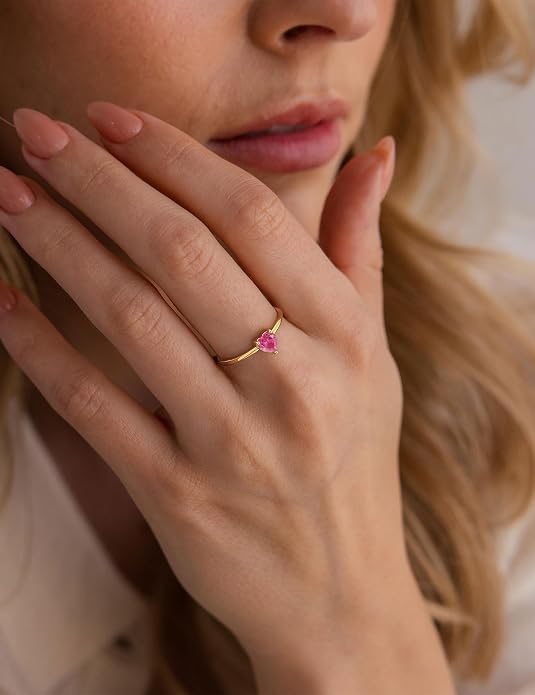 WFYOU Gold Heart Birthstone Rings for Women 14K Gold Plated Non Tarnish Stackable Pinky Cubic Zirconia Rings Emerald Dainty Gemstone Thumb Ring Band Cute Jewelry Birthday Gift Size 5-10