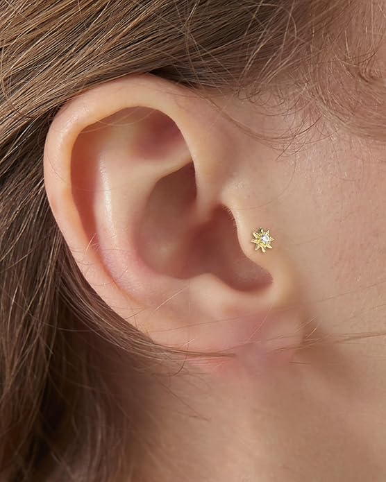 COCHARM 14K Real Gold Helix Cartilage Conch Earring Stud 16g Flat Back Sun Helix Cartilage Conch Tragus Piercing 16g Yellow Gold Internally Threaded Star Tragus Stud Jewelry