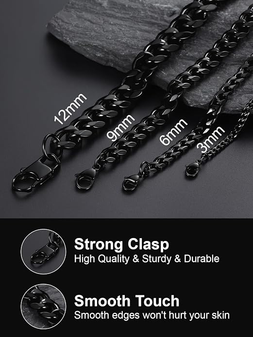 U7 Cuban Link Chain Necklace, Stainless Steel/Black/Gold Plated Chunky Curb Chain Necklace for Men Women, 14-30 Inches, 3/6/9/12 mm Width