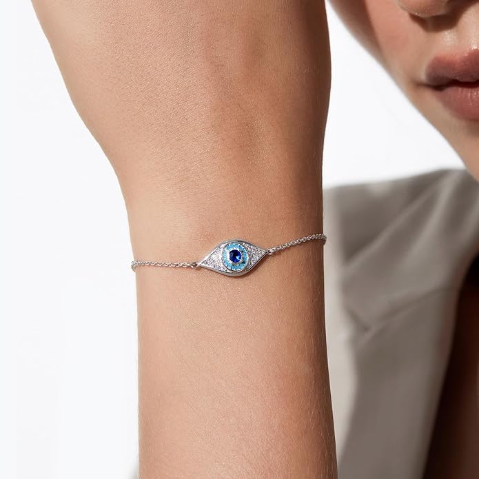 Cicy Bell Evil Eye Bracelets 18k Gold Plated Turquoise Zirconia Link Bracelets Trendy Jewelry Gift for Women Adjustable 5.9" with 1.9'' Extender