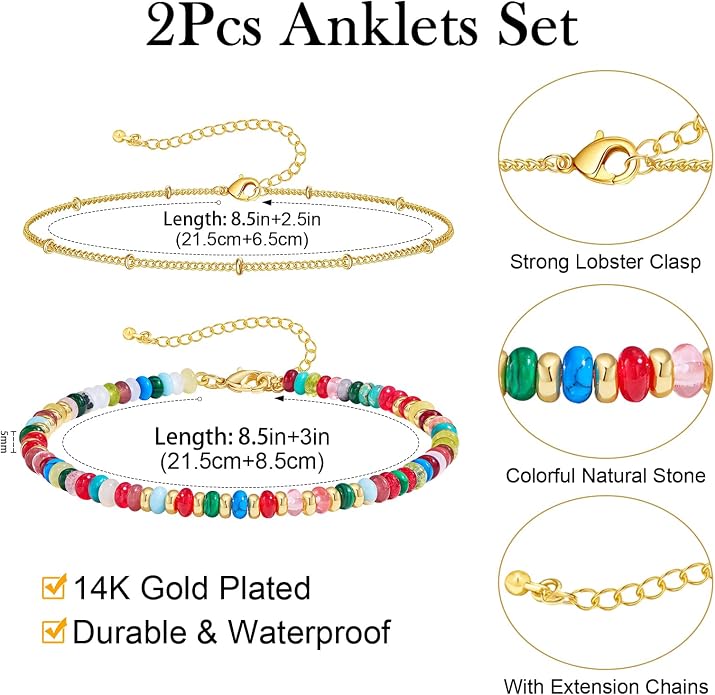 Ankle Bracelet for Women Natural Stone Colorful Beaded Boho Layered Anklet 14K Gold Plated Adjustable Beads Chain 2Pcs Anklets Set Handmade Summer Beach Jewelry