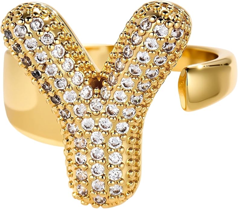 Cicy Bell Initial Rings for Women 14k Gold Plated Cubic Zirconia Delicate Letter Chunky Statement Open Rings Gifts for Her