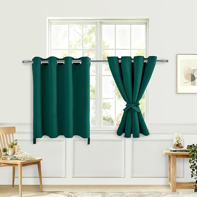 Hiasan RV Blackout Curtains for Bedroom, 52 x 36 Inches Long - Thermal Insulated & Energy Saving Window Curtains for Living Room, 2 Drape Panels Sewn with Tiebacks, Hunter Green