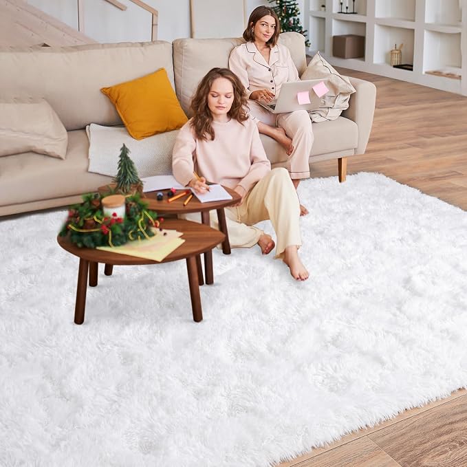 Dssimo White Fluffy Rugs for Living Room Bedroom, 9x12 Shaggy Area Rug | Large Non-Slip Cream Area Rug for Nursery Kids Room Dorm Room Home Decor, Indoor Plush Floor Carpet