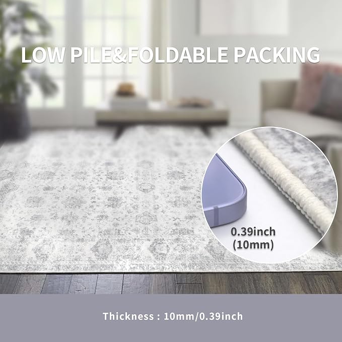 Washable 10×12 Area Rugs for Living Room, Vintage Floral Rug Soft Non Slip Stain Resistant Boho Carpet for Bedroom Dinning Room Kitchen Home Office Grey