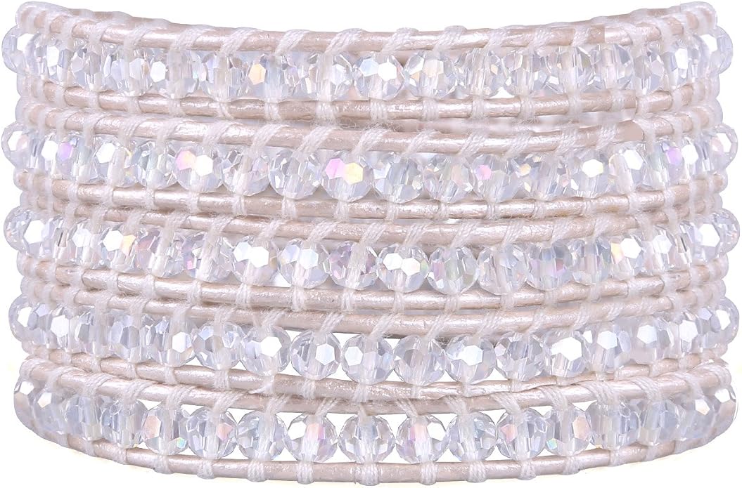 KELITCH Pearl Crystal Beads Bracelets Handmade Natural Leather 5 Wrap Bracelet for Women Classic Bangle Jewelry