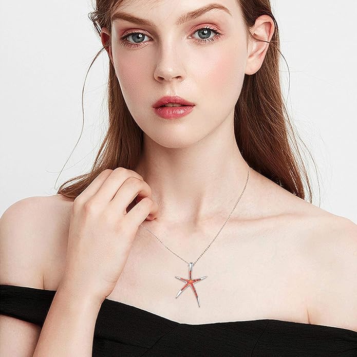 Cuoka Starfish Necklace, 925 Sterling Silver with Opal, Hawaiian Beach Nautical Ocean Pendant, Starfish Jewelry Opal Jewelry Valentine for Women Girlfriend