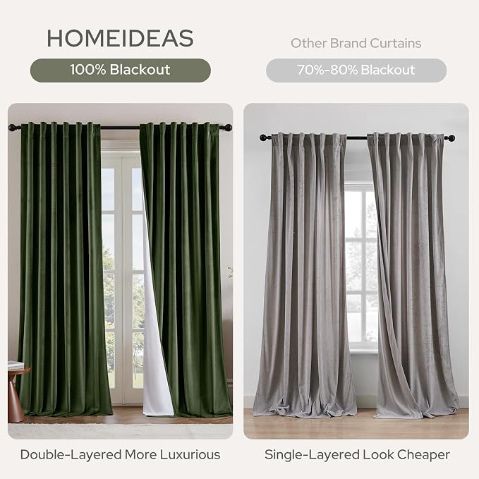 HOMEIDEAS 100% Blackout Olive Green Velvet Curtains, Thermal Insulated Luxury Vintage Winter Christmas Velvet Drapes for Bedroom, Living Room, Home Decor, 52 x 96 Inch, 2 Panels