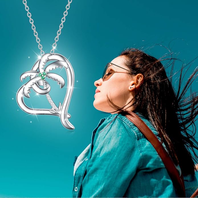 SOULMEET Palm Tree Jewelry Necklace for Women Sterling Silver Simulated Opal Necklace for Her