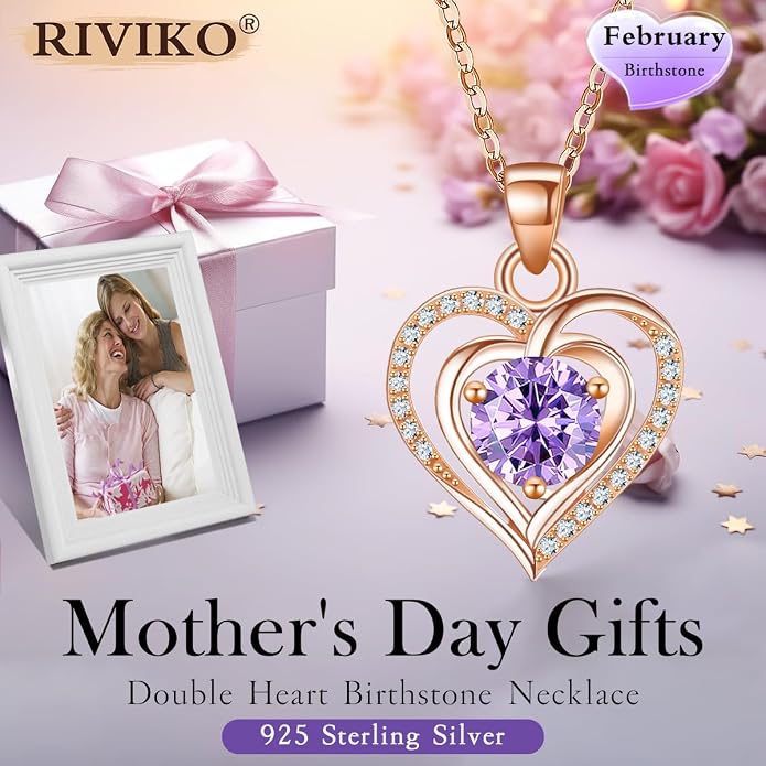 RIVIKO Heart Birthstone Pendant Necklace for Women 925 Sterling Silver Zirconia Necklaces Valentine's Day Anniversary Birthday Mothers Day Jewelry Gifts For Her Mother Wife