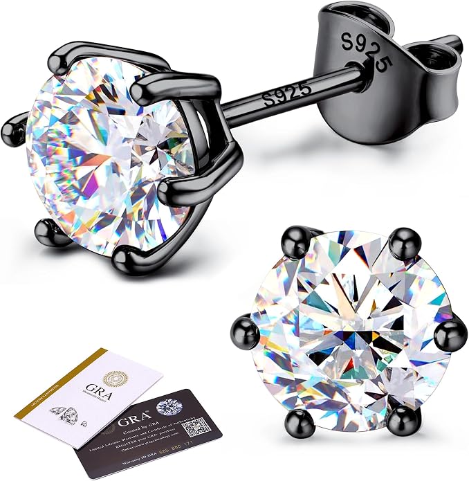 Moissanite Stud Earrings : 18K White Gold Plated Solid 925 Sterling Silver Earring Hypoallergenic Dainty Flat Back Stud Earrings Jewelry for Women Men D Color VVS1 Clarity