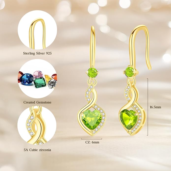 FANCIME Heart Infinity Dangle Drop Earrings 925 Sterling Silver Heart Gemstone Birthstone Earring
