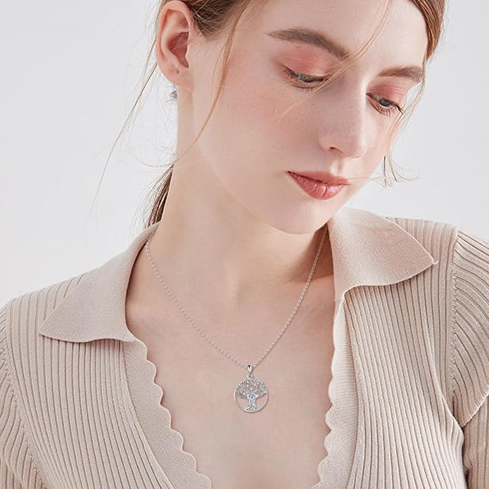 VONALA Tree of Life Necklace 925 Sterling Silver Abalone/Crystal Celtic Knot Family Tree Filigree Pendant Necklace Tree Jewelry Gift Women