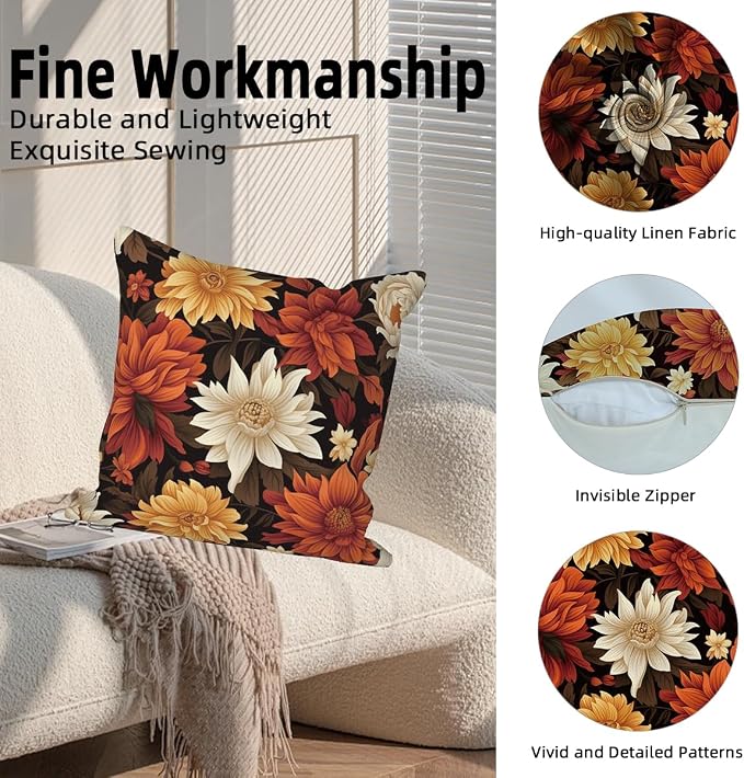 Vintage Floral Throw Pillow Covers 26''x26'' Set of 4, Colorful Flowers Pillow Cases Decorative Printed Cushion Covers for Couch Sofa Bedroom Farmhouse Livingroom Garden Patio Car Outdoor
