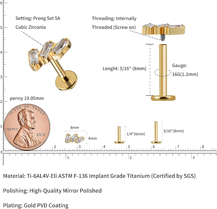 FINE4U 1PC 16G Gold Cartilage Earring 6mm 8mm - ASTM F136 Titanium Piercing Jewelry for Tragus, Helix Conch, Internally Threaded