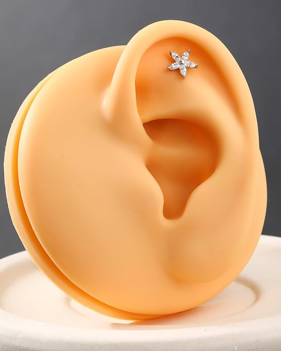 Jewseen 925 Sterling Silver Flat Back Stud Earrings 16g Internally Threaded Tragus Helix Earrings Flower Lip Stud Nose Piercing Jewelry for Women Men