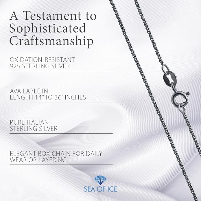 SEA OF ICE Chain Necklace 925 Sterling Silver with Ring Clasp Closure, Italian Box Necklace Chain Necklace for Women & Men, Available in Gold, Rose Gold, Silver, and Black Rhodium, Multisize