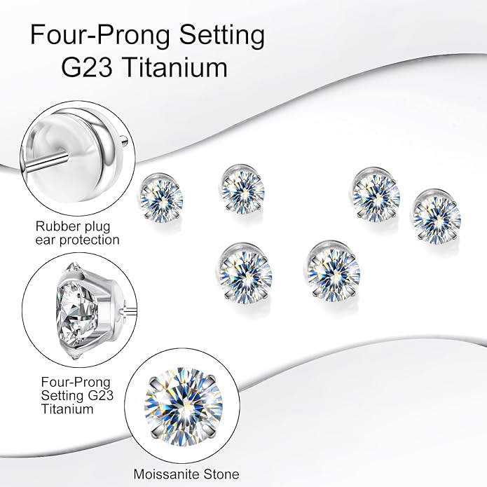VOJO 3-Pairs G23 Titanium Moissanite Stud Earrings, Hypoallergenic Earrings for Women & Men