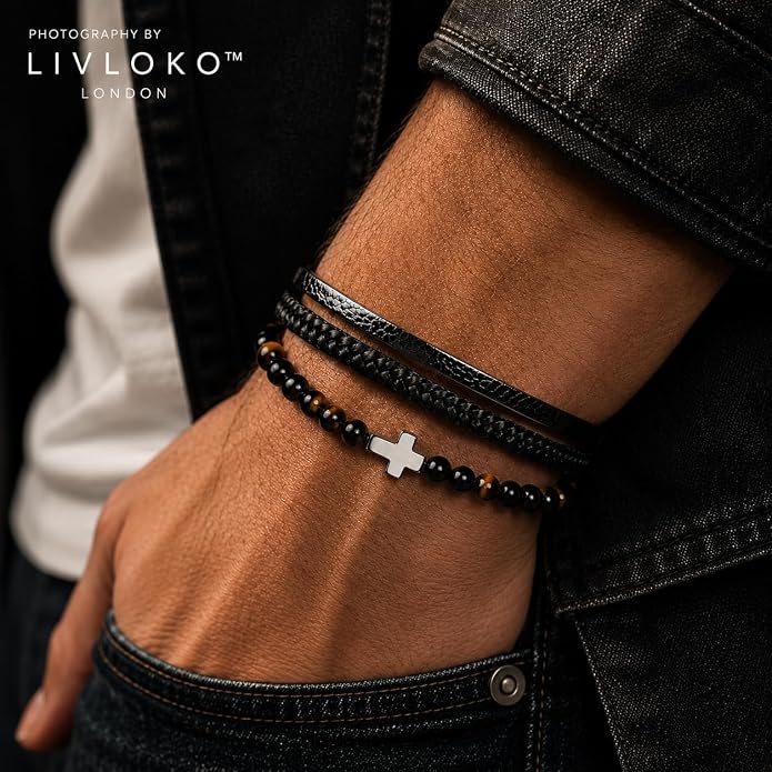 LONDON Mens Bracelet Leather Black Multi-Layer Stone Beads Adjustable Steel Clasp Viking Rope Bands Surfer Man Wristband Male UK Jewellery Gift box Boyfriend Dad Son Brother Tiger Eye
