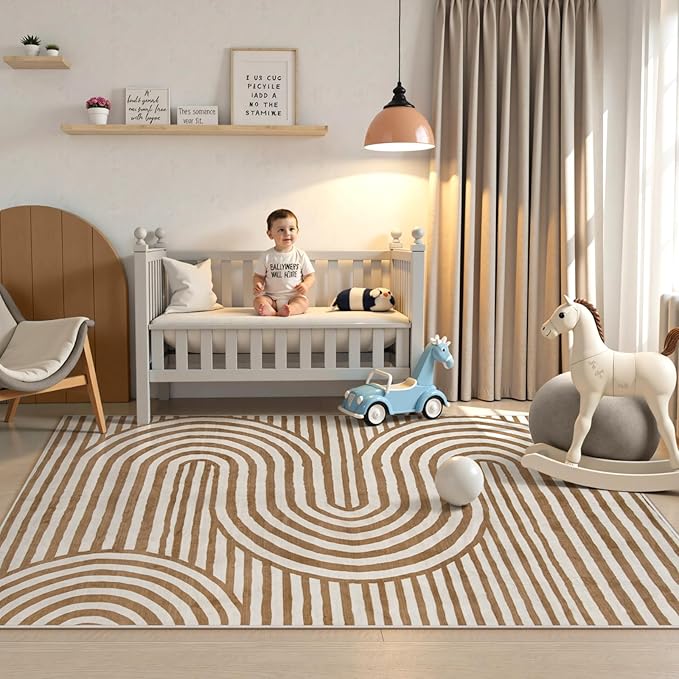 Lahome Abstract Area Rugs 5x7,Soft Living Room Rug Nursery Bedroom Rugs | Colorful Playroom Rug Ultra-Thin Stain Resistance Throw Large Carpet for Kids Classroom Dorm Alba (5'X7',Khaki/Orange)