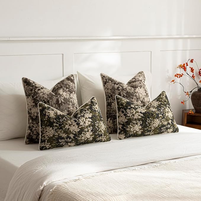 DEZENE Pack of 2 Vintage Floral Pillow Covers 12x20 Boho Farmhouse Accents Chenille Rectangular Lumbar Decorative Throw Pillow Cases for Living Room Couch Bed Home Decor, Olive Green