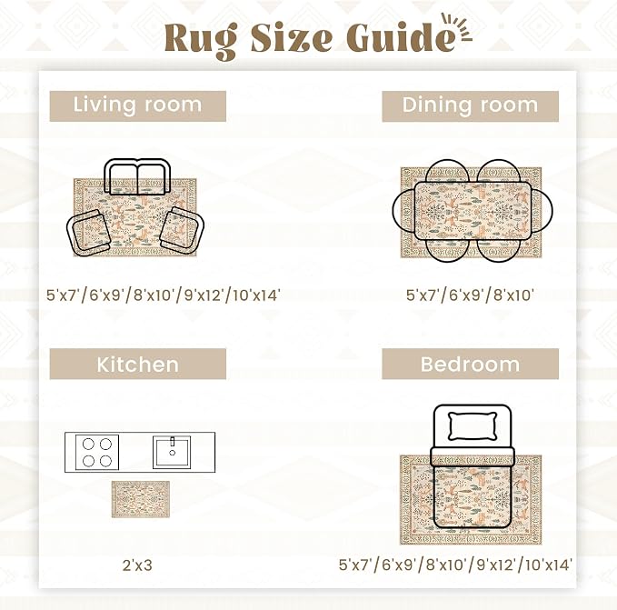 Living Room Rugs 8x10: Washable Boho Rug Farmhouse Non Slip Stain Resistant Large Rug Low Pile Soft Carpet for Bedroom Dining Room Children Room (Cream Animal,8'x10')
