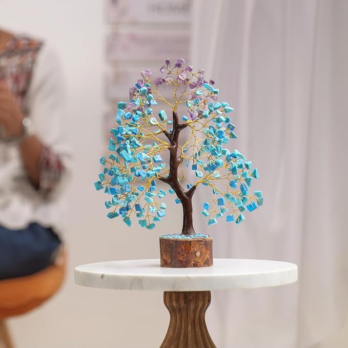 Turquoise & Amethyst Gemstone Tree With 2 Chakra Pendants, Crystal Tree, Birthday Gifts for Women, Fake Plants Home Decor, Crystals and Healing Stones, Office Desk Accessories, Room Decor 10-12"