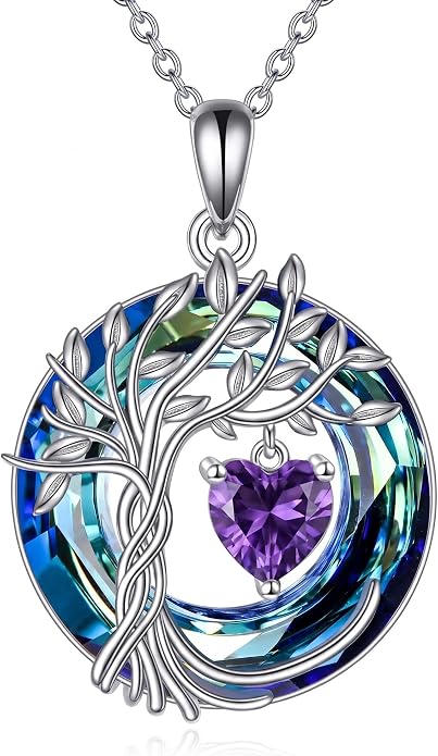 CRMAD Tree of Life Necklace Birthstone Pendant Necklaces with Crystal Anniversary Birthday Wedding Jewelry for Mom Her Wife Sister