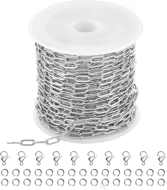 Kyutong 16.4 Feet Stainless Steel Chain Link with Spool Soldered Silver Chains for Jewelry Making 3MM Paperclip Necklace Chains Bulk for DIY Craft Bracelet Ankle Finding Supplies