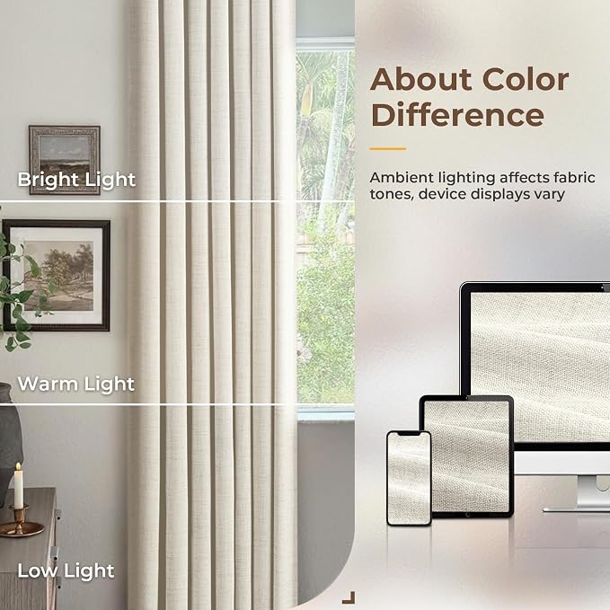 INOVADAY 100% Blackout Curtains for Bedroom, Beige White Black Out Curtains 102 Inch Long, Clip Rings Linen Blackout Drapes, Thermal Insulated Room Darkening for Living Room, 2 Panels - W50xL102
