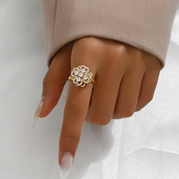 NONAMOIS Gold Rings for Women Evil Eye Flower Open Anti Anxiety Spinner Ring Adjustable Fidget Rings Jewelry Christmas Gifts