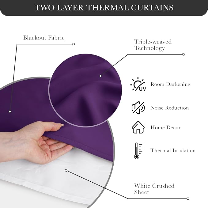 PONY DANCE Bedroom Curtains Purple - Mix & Match Room Darkening Curtains with White Crushed Sheer Voile, 52" Wide and 63" Long, Royal Purple, 2 Panels