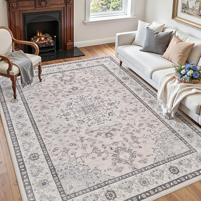 5x7 Area Rugs for Living Room: Vintage Boho Neutral Washable Rug Indoor Soft Large Area Rug Carpet for Bedroom Nursery Farmhouse Dining Room Office Floor Non-Slip Low Pile Under Table Beige & Grey