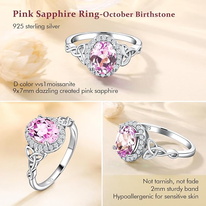 DAYBYDAY Celtic Birthstone Rings for Women 925 Sterling Silver Heart/Round/Pear/Oval Created Gemstone Moissanite Halo Engagement Promise Rings for Her Wife Birthday Anniversary Wedding Jewelry
