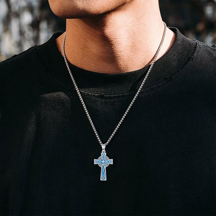 HPQQ Cross Necklace 925 Sterling Silver Turquoise Tree of Life Celtic Knot Cross Pendant Jewelry Mother's Day Gifts for Women