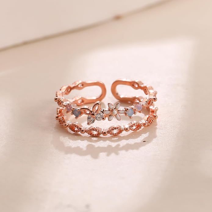 LOVECOM 925 Sterling Silver Butterfly Daisy Flower Rings for Women Mothers Self Love Ring for Myself Adjustable Gold Layered Colorful Opal Cubic Zirconia Stackable Ring Jewelry Gifts to Daughter