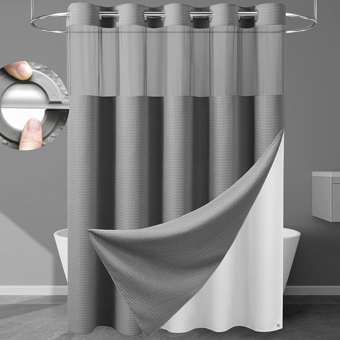 EUTXL Heavyweight Long No Hook Shower Curtain with Snap in Liner,256GSM Waffle Weave Shower Curtains for Bathroom,71W x 80H(78"),Grey
