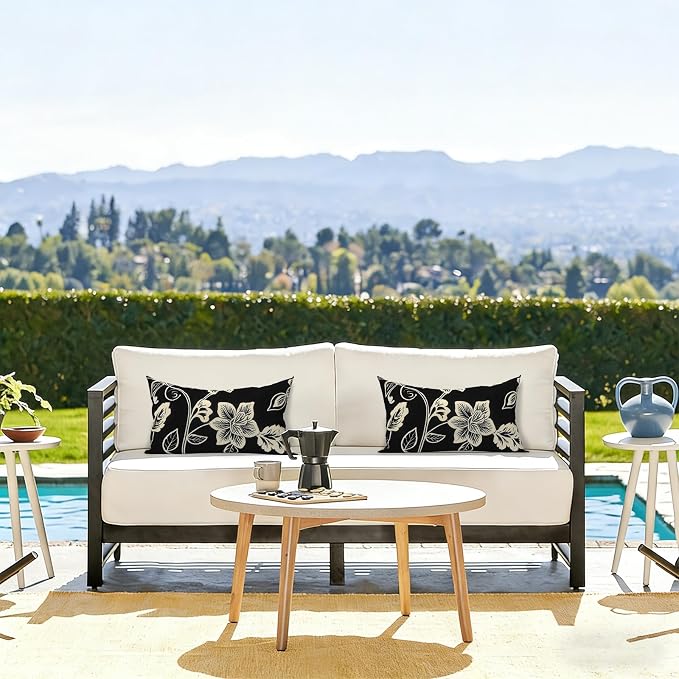 LVTLVTXIII 12×20 Inch Outdoor Lumbar Pillows, Pack of 2 Water Repellent Lumbar Pillow with Inserts, Fluffy Decorative Garden Lumbar Cushions for Home Patio Coach Sofa Use, Elegant Vines Black