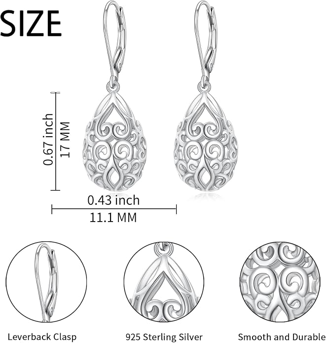 Alphm Filigree Dangle Drop Earrings 925 Sterling Silver Filigree Leverback Teardrop Earrings French Style Lightweight Hypoallergenic Jewelry Gifts for Women