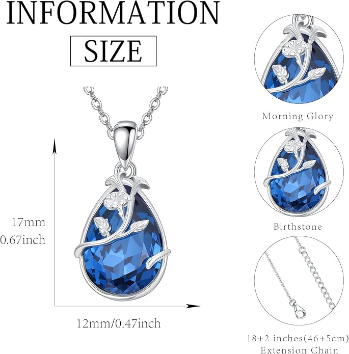 925 Sterling Silver Birth Flower Necklace with Teardrop Shaped Birthstone - 12 Colors, 12 Kinds of Flower - Ideal Birthday Jewelry Gift for Women, Mothers, Daughters & Wives