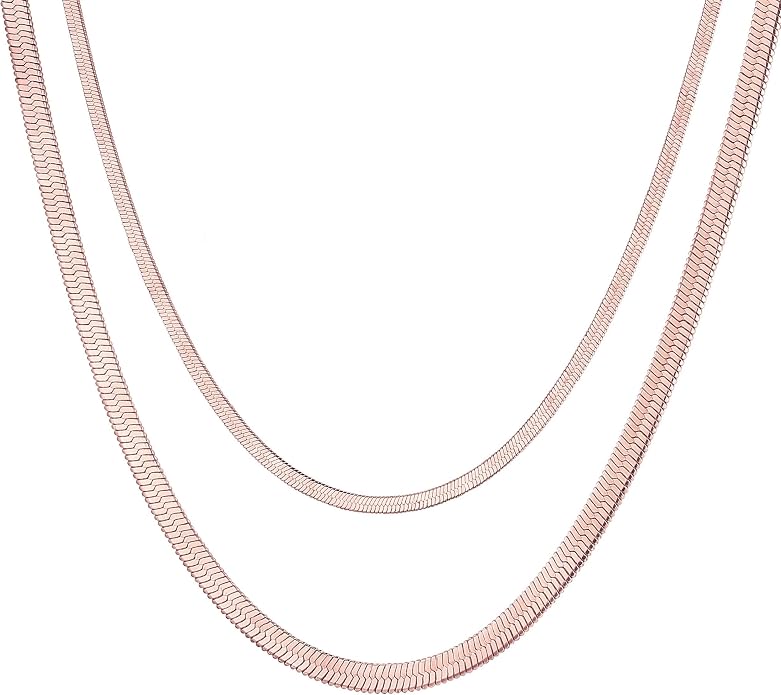 FOCALOOK 14K Gold Plated Necklaces for Women, Fashion Herringbone Choker Necklace Stainless Steel Flat Snake Chain 3/5MM(W) 12.5"/15"/18"+3.5"(L)