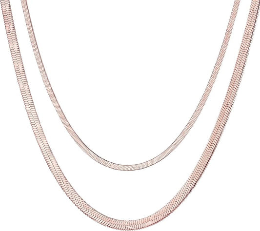 FOCALOOK 14K Gold Plated Necklaces for Women, Fashion Herringbone Choker Necklace Stainless Steel Flat Snake Chain 3/5MM(W) 12.5"/15"/18"+3.5"(L)