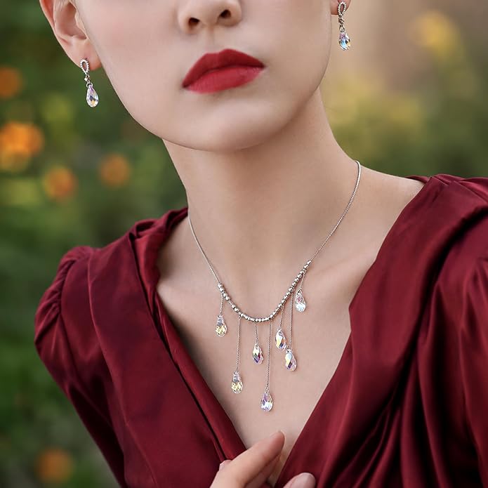 925 Sterling Silver Handmade Crystals Rain Drop Tassel layered Pendant Boho necklace statement Chandelier shape Lobster Clasp Length Choker 18"+2" Ideal Gift for Women Ladies Dress accessories.